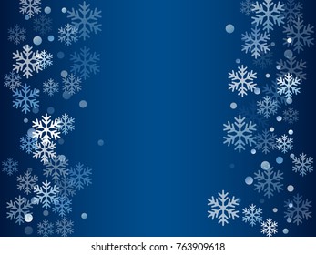 Winter card border of snow flakes falling vector background. Snowflake flying border macro illustration, card or banner with snow elements, flakes confetti scatter frame. Cold weather winter symbols.