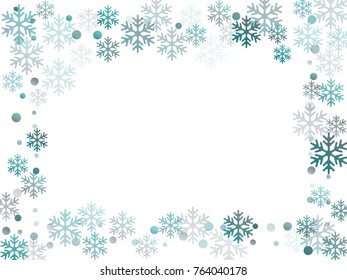 Winter card border of snow flakes falling vector background. Snowflake flying border macro illustration, card or banner with snow elements, flakes confetti scatter frame. Cold weather winter symbols.