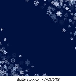 Winter card border of snow flakes falling vector background. Snowflake flying border macro illustration, card or banner with snow elements, flakes confetti scatter frame. Cold weather winter symbols.