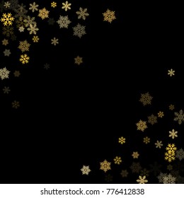 Winter card border of snow flakes falling vector background. Snowflake flying border macro illustration, card or banner with snow elements, flakes confetti scatter frame. Cold weather winter symbols.