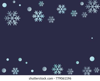 Winter card border of snow flakes falling vector background. Snowflake flying border macro illustration, card or banner with snow elements, flakes confetti scatter frame. Cold weather winter symbols.