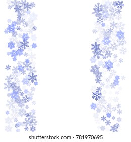 Winter card border of snow flakes falling vector background. Snowflake flying border macro illustration, card or banner with snow elements, flakes confetti scatter frame. Cold weather winter symbols.