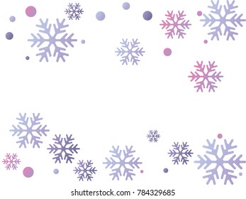 Winter card border of snow flakes falling vector background. Snowflake flying border macro illustration, card or banner with snow elements, flakes confetti scatter frame. Cold weather winter symbols.