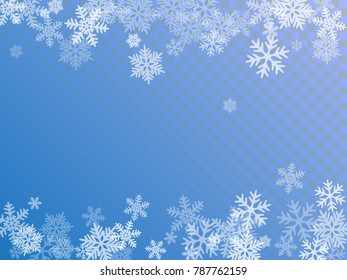 Winter card border of snow flakes falling vector background. Snowflake flying border macro illustration, card or banner with snow elements, flakes confetti scatter frame. Cold weather winter symbols.