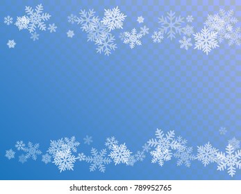 Winter card border of snow flakes falling vector background. Snowflake flying border macro illustration, card or banner with snow elements, flakes confetti scatter frame. Cold weather winter symbols.