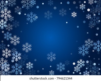 Winter card border of snow flakes falling vector background. Snowflake flying border macro illustration, card or banner with snow elements, flakes confetti scatter frame. Cold weather winter symbols.