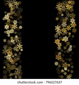 Winter card border of snow flakes falling vector background. Snowflake flying border macro illustration, card or banner with snow elements, flakes confetti scatter frame. Cold weather winter symbols.