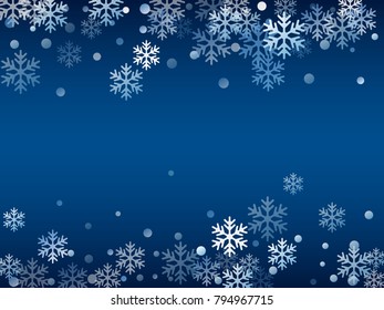 Winter card border of snowflakes falling vector background. Snowflake flying border macro illustration, card or banner with snow elements, flakes confetti scatter frame. Cold weather winter symbols.