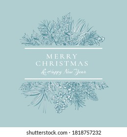 Winter card with bouquet with fir and pine branches, fern and leaves. New year illustration.  Light blue background and white greeting.