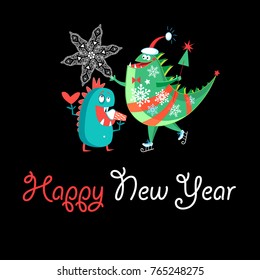 Winter card with a cheerful New Years dinosaur on a dark background