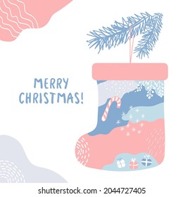 Winter card. Christmas stocking and Blue spruce branches. Vector trendy sock with spots, gifts, candy, snowflakes. Ideal for Merry Christmas and Happy New Year cards, poster