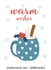 Winterkarte mit Kakaobecher, Marshmallows, Heilbeeren und Herzverzierungen, blauer Schleig mit Kaffee, WeihnachtsZimt und Sahne, flache Gestaltungselemente, Wintersaison-Illustration