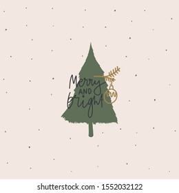 Winter card cover or postcard design. Hand drawn text: Merry and bright , Christmas ball on branch. Vector illustration