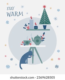 Winter card with a cup and teapot on the table, Christmas tree, cat. Stay warm.