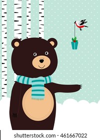 Winter card with cute bear and bird