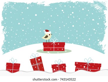 Winter card with cute bird sitting on the gift box against sky and snow