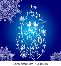 Winter card with cute birds on blue winter background with snowflakes.Vector illustration