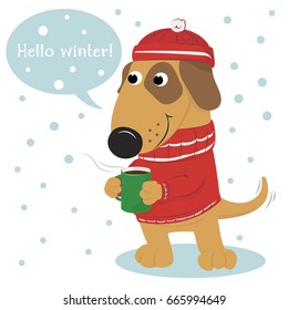Winter card with cute cartoon dog warm hat and a sweater and coffee. On a white background. Vector illustration.