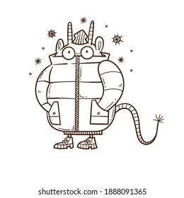 Winter card with cute cartoon monster in a jacket. Funny doodle animal print. Snowfall poster. Illustration for children.