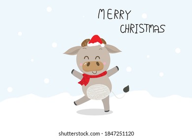 Winter card of cute cow.Merry Christmas and happy new year 2021. The year of the ox. 
