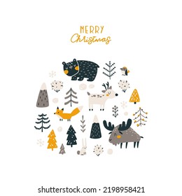 Winter Card With Cute Forest Animals And Christmas Trees. Merry Christmas. Vector Naive Hand Drawn Illustration In Simple Scandinavian Style. The Limited Stylish Earthy Palette Is Ideal For Printing