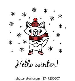 Winter card. Cute fox in clothes - a knitted hat, scarf and ugg boots - bulges his eyes from the cold, because he froze. Cartoon animal for Christmas decorations. Doodle black and white line