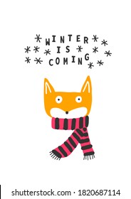 Tarjeta de invierno con un zorro lindo. Ilustración vectorial dibujada a mano.