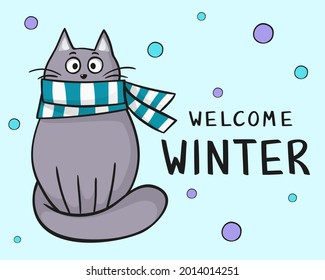 Winterkarte mit einer süßen grauen Katze. Willkommen Winter. Blauer Hintergrund.
