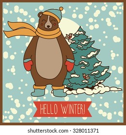 Winter card with cute happy bear, vector illustration