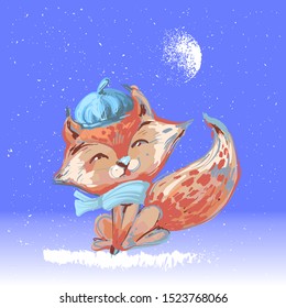Winter card with cute happy fox under snowfall, vector illustration