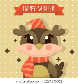 Winter Card with Cute Owl Character Illustration in Cartoon Style