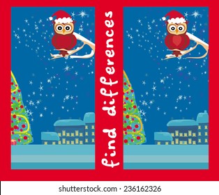 Winter card with cute owl , find the differences