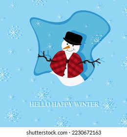 Winter card with cute snowman in bowler hat, plaid cape, falling snowflakes in star shape and inscription hello happy winter. 