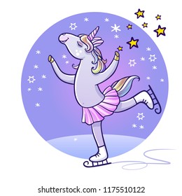 Winter card with cute unicorn on ice skates. Hello winter time. Vector illustration. Design for greeting cards, t-shirts and others