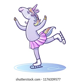 Winter card with cute unicorn on ice skates. Hello winter time. Vector illustration. Design for greeting cards, t-shirts and others