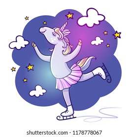 Winter card with cute unicorn on ice skates. Hello winter time. Vector illustration. Design for greeting cards, t-shirts and others