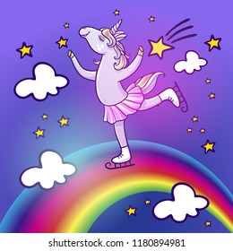 Winter card with cute unicorn on ice skates. Hello winter time. Vector illustration. Design for greeting cards, t-shirts and others