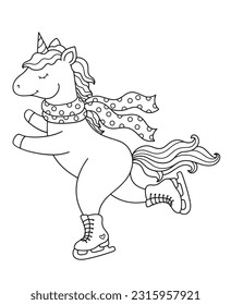 Winter card with cute unicorn on ice skates. Hello winter time. Vector illustration. Design for greeting cards, t-shirts and others. 
coloring book