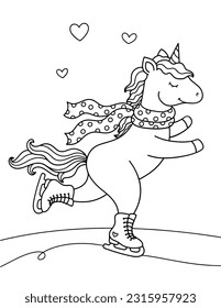 Winter card with cute unicorn on ice skates. Hello winter time. Vector illustration. Design for greeting cards, t-shirts and others. 
coloring book