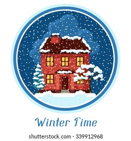 Winter card design with house and trees.