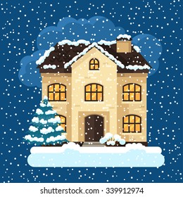Winter card design with house and trees.