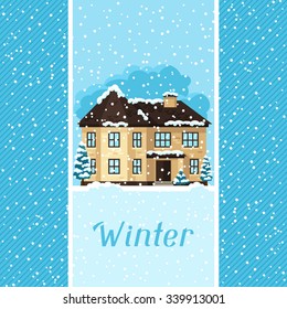 Winter card design with house and trees.