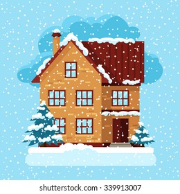 Winter card design with house and trees.