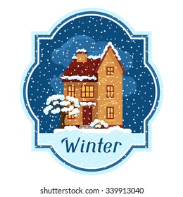Winter card design with house and trees.