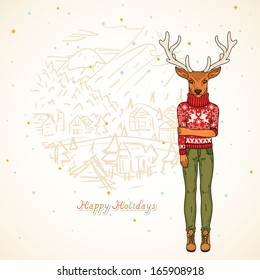 Winter card, Fashion deer in the village