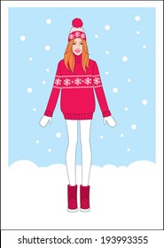 winter card. Fashion woman in red 
sweater with white mittens, on a blue background, snowflakes, snow around. Festive mood. New Year card, advertising. Christmas present.