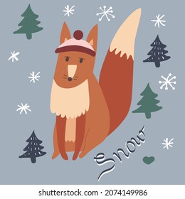 Winter card with fox and snow. Christmas and new year
greeting. Flat and funny illustration