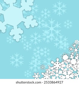 cartão de inverno, quadro com cantos de muitos flocos de neve diferentes no fundo texturizado. ilustração vetor quadrado em tons brancos e azuis. modelo para saudação, convite, cartaz, banner