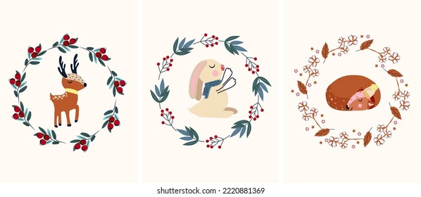 Tarjeta de invierno, ciervo gracioso en una bufanda, conejo lindo, reno durmiendo en una corona de Navidad. Concepto Navidad y Año Nuevo. Animales mágicos. Perfecto para tarjetas de felicitación, afiches, postales, banner. Vector.