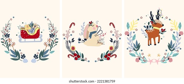 Winter card, funny deer in a scarf, cute rabbit, Santa's sleigh with gifts, Christmas wreath. Concept Christmas and New Year. Perfect for greeting cards, poster, postcard, banner. Vector.